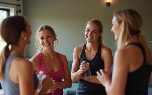 Group of people chatting and laughing after a fitness class