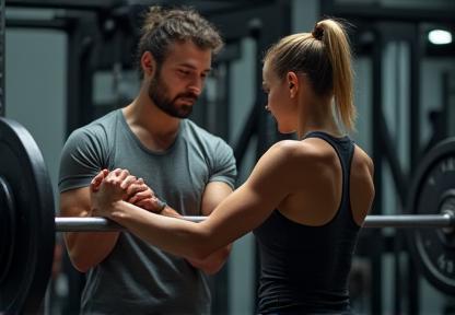 Trainer assisting a client with weights