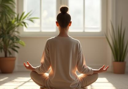 Person meditating peacefully in a calm setting
